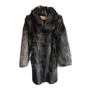Michael Kors Fox Fur Coat Women M 18x36 Black Brown Gray button up pockets Lined